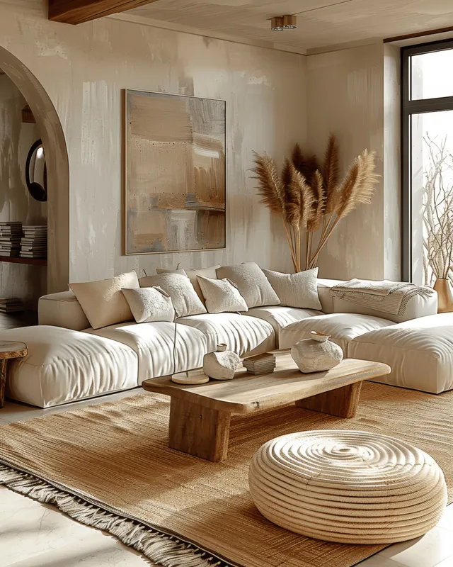 Sunlit boho living room with a low white sofa, wooden coffee table, woven floor cushions, and framed wall art.