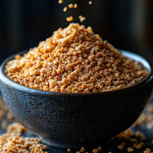 Close-up black bowl of brown sugar with grains falling onto dark surface texture