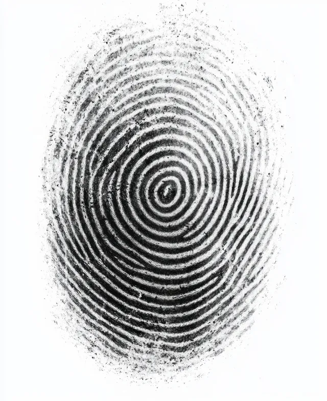Black and white fingerprint pattern with visible ridges and a central whorl on a white background.
