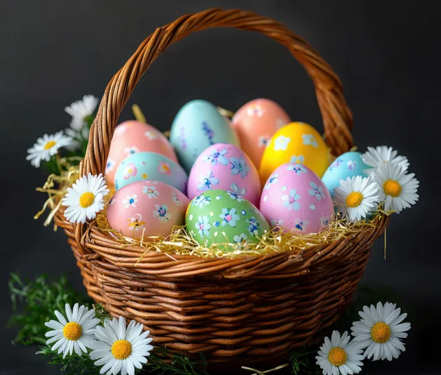 Wicker basket with pastel Easter eggs and white daisies on a dark background