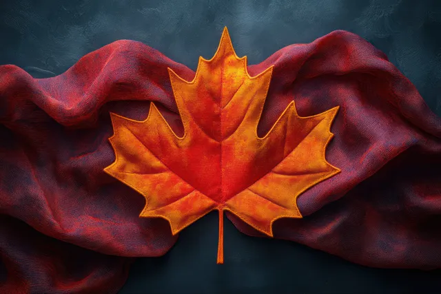 Canada Day maple leaf flag with flowing red fabric and bold patriotic emblem