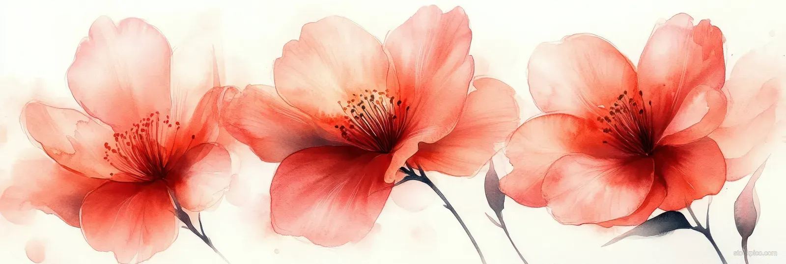 Watercolor pink camellia blossoms with red centers on a pale background, rendered with soft glow and delicate brush texture.
