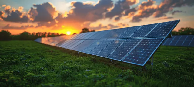 Solar panels generating clean power in a green field at sunset, blue sky reflections