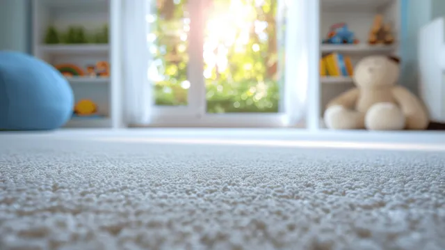 Sunlit playroom window with a soft white carpet foreground and wooden toys on shelves.