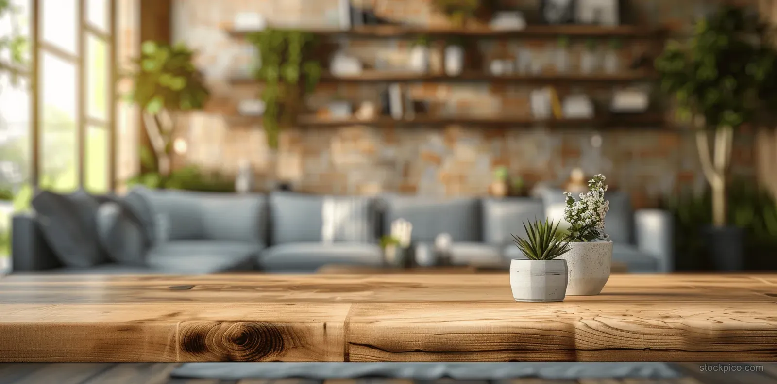 Blurred living room interior with a wooden table foreground, glass shelf, and small potted plants.
