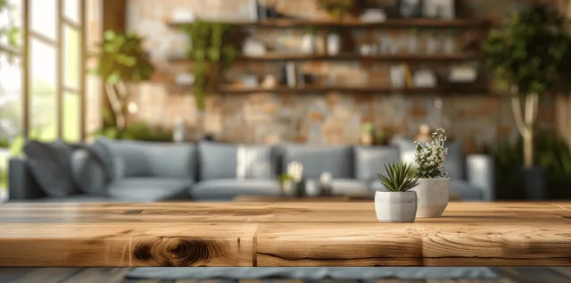 Blurred modern living room interior with wooden table and glass shelf display