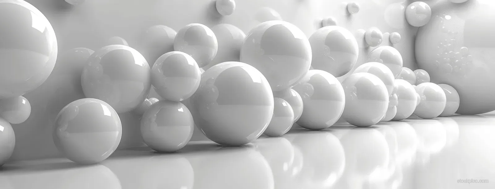 Dozens of smooth white spheres sit on a reflective surface against a soft gradient background with subtle glow.