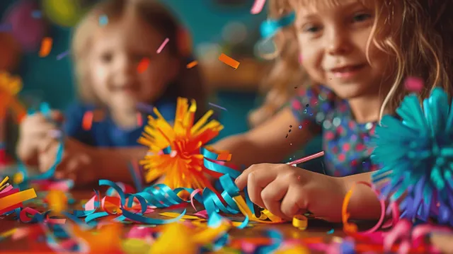 Kids crafting colorful confetti sticks and paper streamers at a birthday table