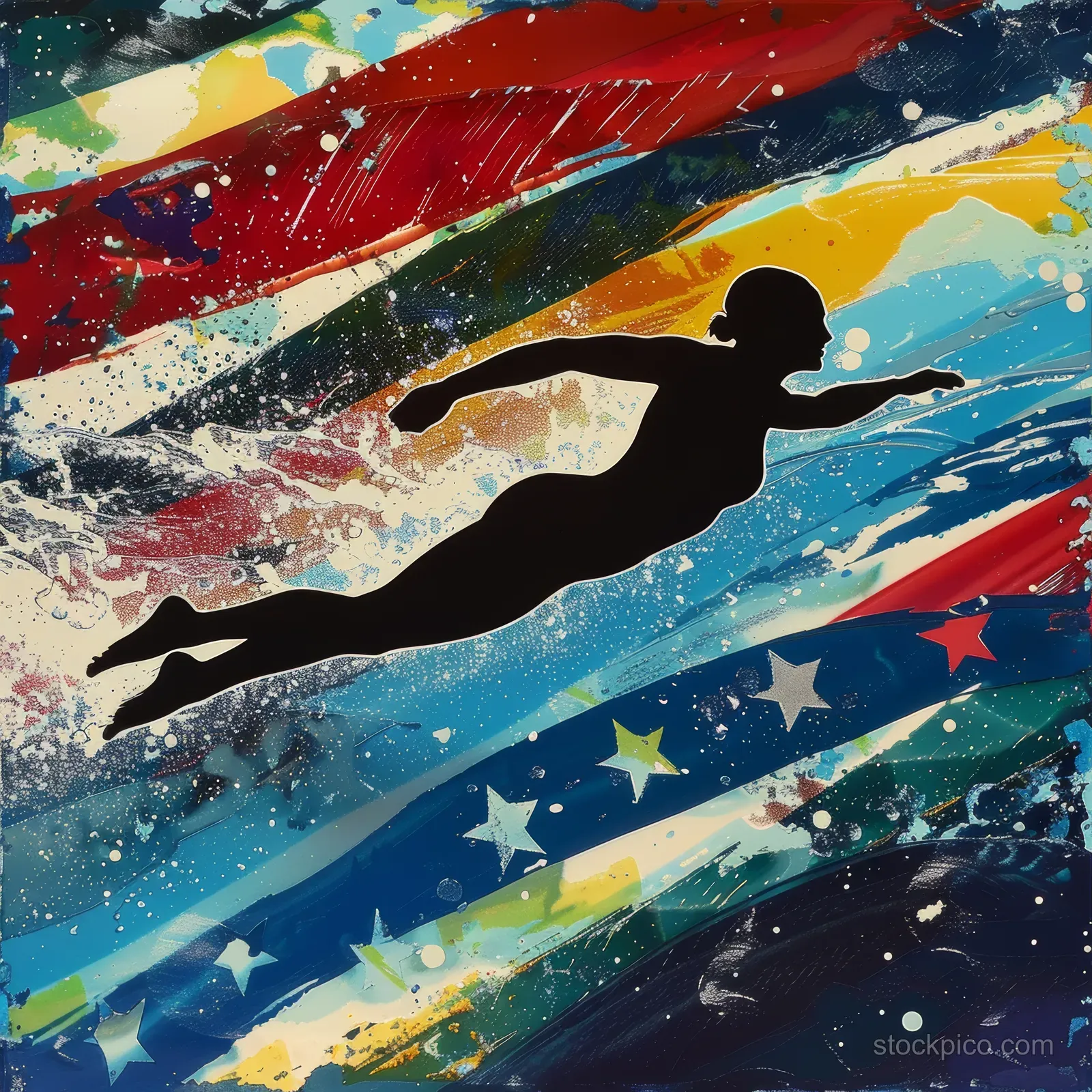 Silhouette of a female freestyle swimmer leaping through splashing blue water with American flag colors behind.