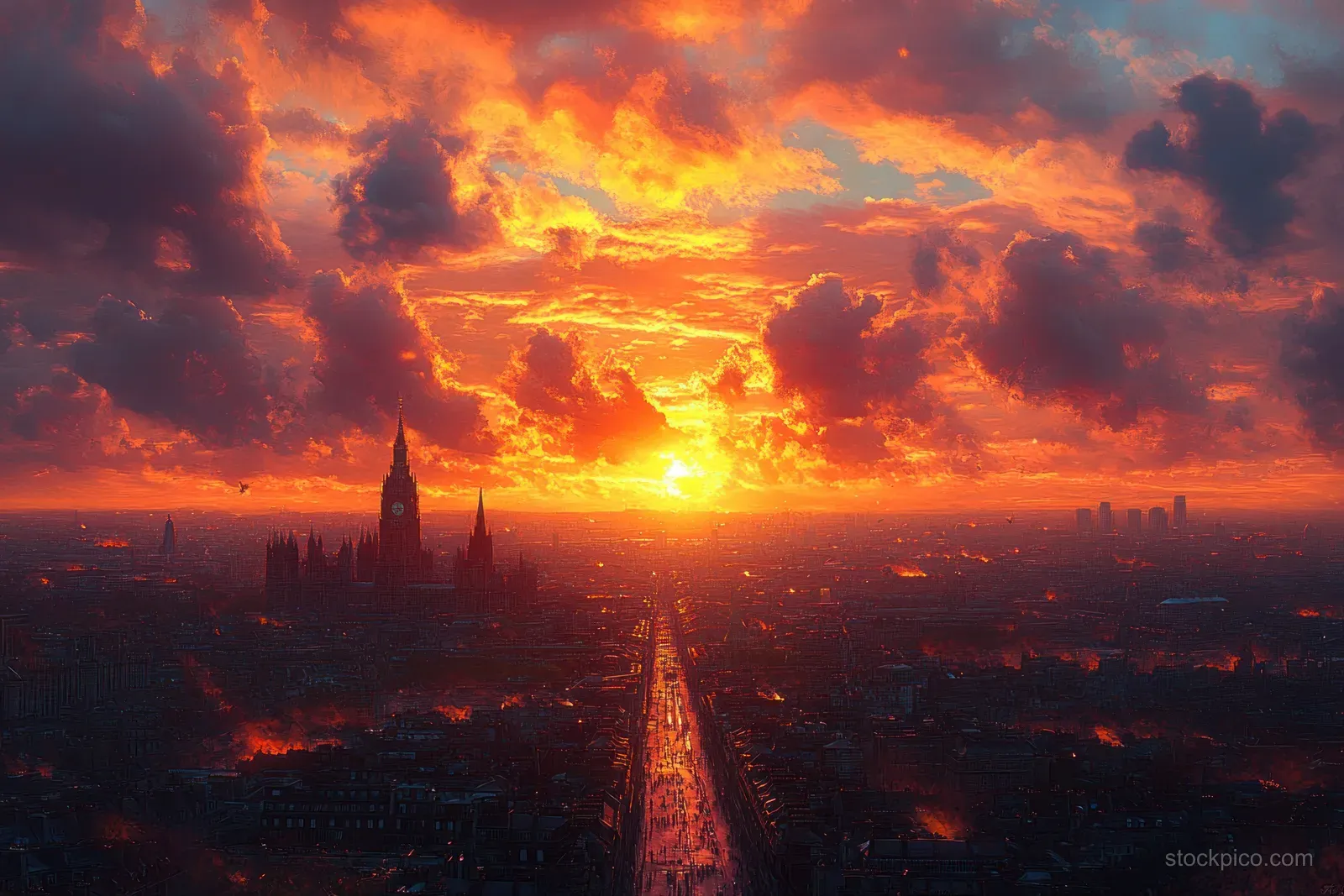 Aerial view of Budapest at sunset with Buda Castle and Fisherman Bastion rooftops beneath vivid orange clouds.