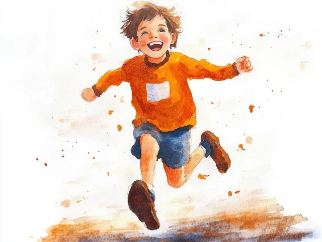 A smiling boy runs forward in an orange sweater and blue shorts with watercolor paint splashes on a light background.