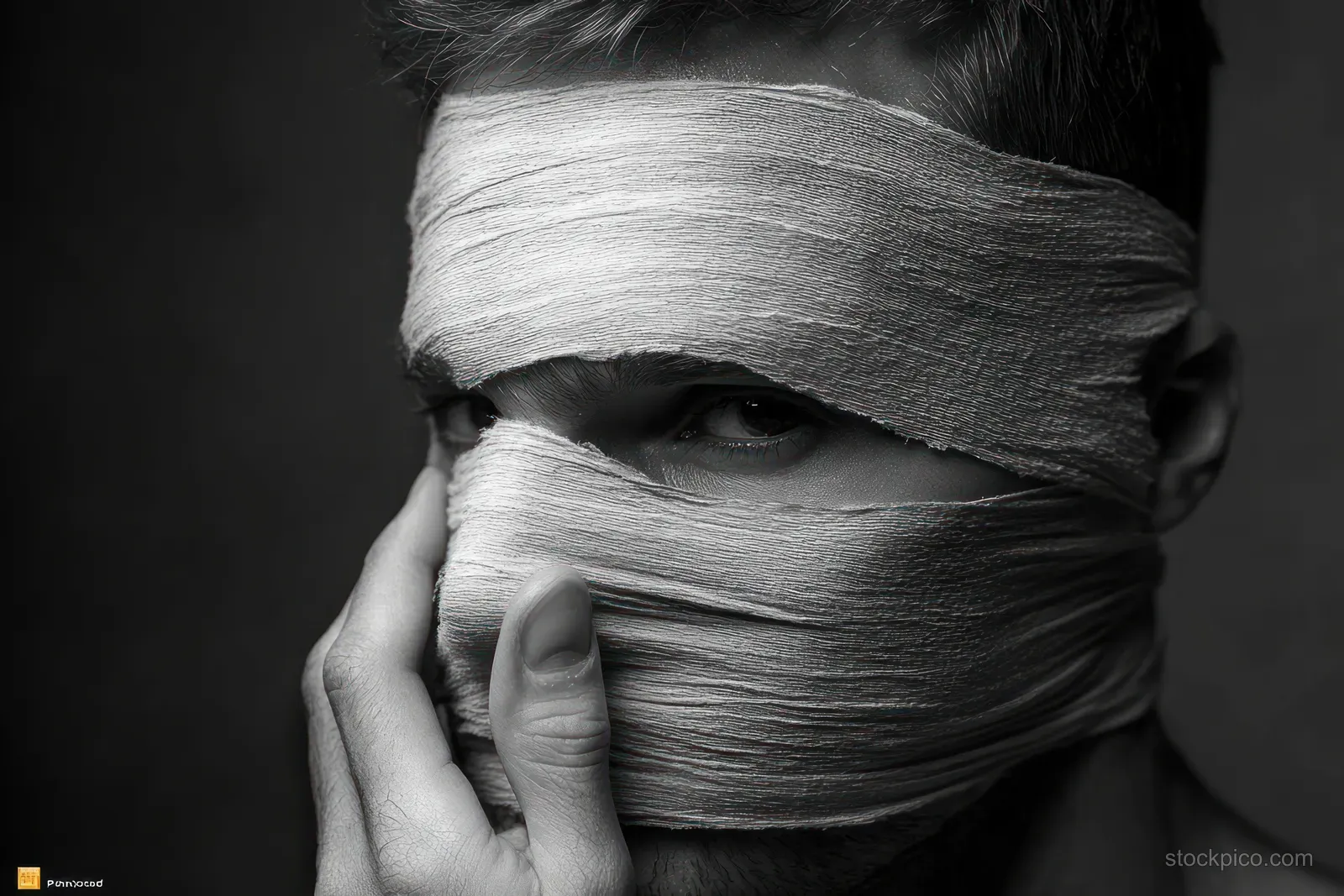 Black-and-white close-up of a masked person touching gauze bandages covering the eyes and mouth with an intense gaze.