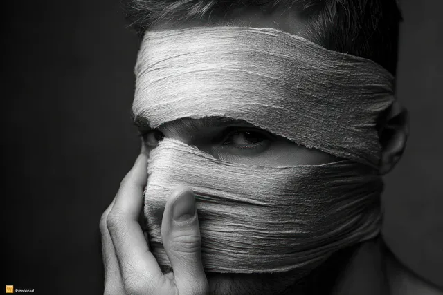 Black-and-white close-up of a masked person touching gauze bandages covering the eyes and mouth with an intense gaze.