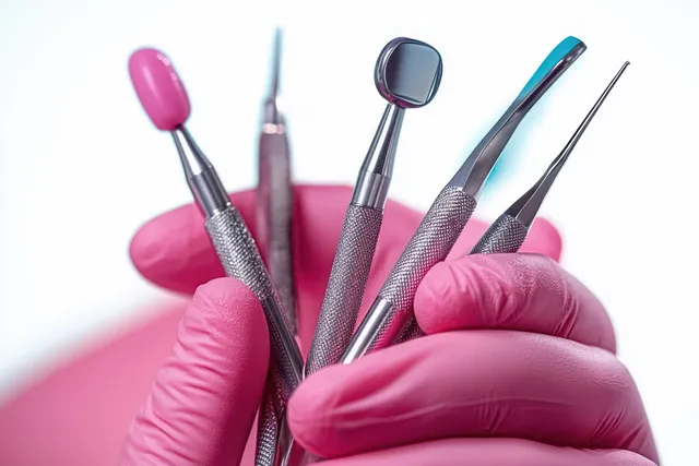 Gloved hand holding stainless steel dental tools for oral examination on a light background