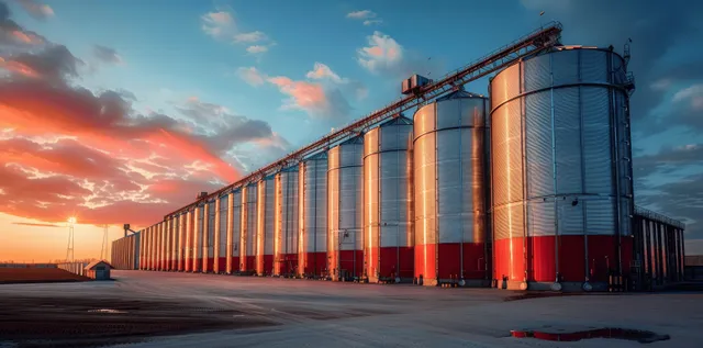 Silver and red grain silos line a farm yard at sunset beside tall metal loading equipment.