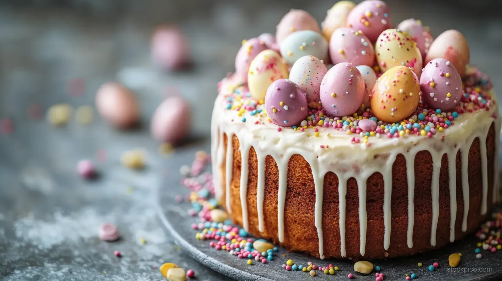 A round cake with white icing drips, pastel candy eggs, and multicolored sprinkles on a gray tabletop.