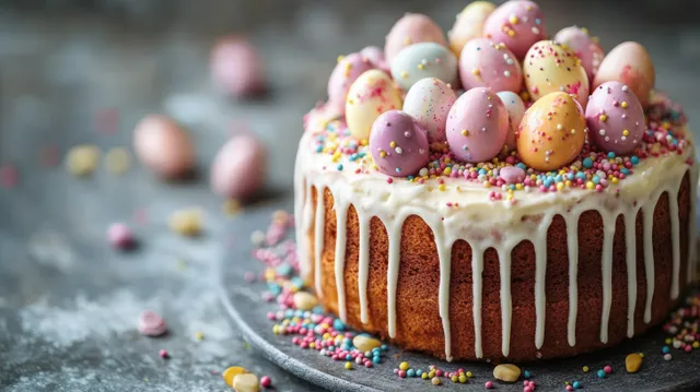 A round cake with white icing drips, pastel candy eggs, and multicolored sprinkles on a gray tabletop.