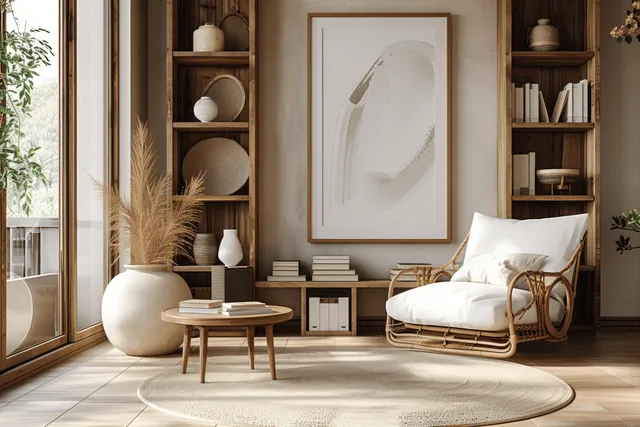 Japandi living room scene with wooden armchair, light coffee table, and bookcase backdrop