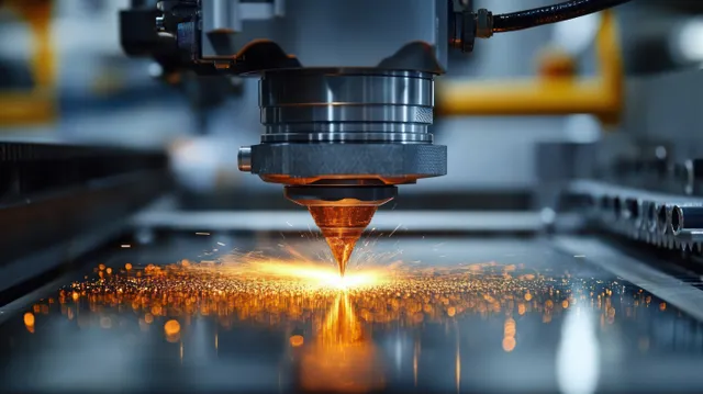 Cabeça de laser cortando uma chapa de metal com faíscas brilhantes e fumaça se dissipando em um ambiente fabril.