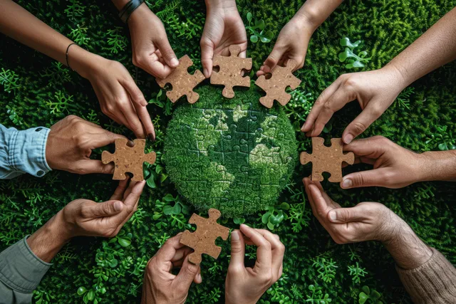 Several hands place jigsaw puzzle pieces around a green Earth globe on grass.