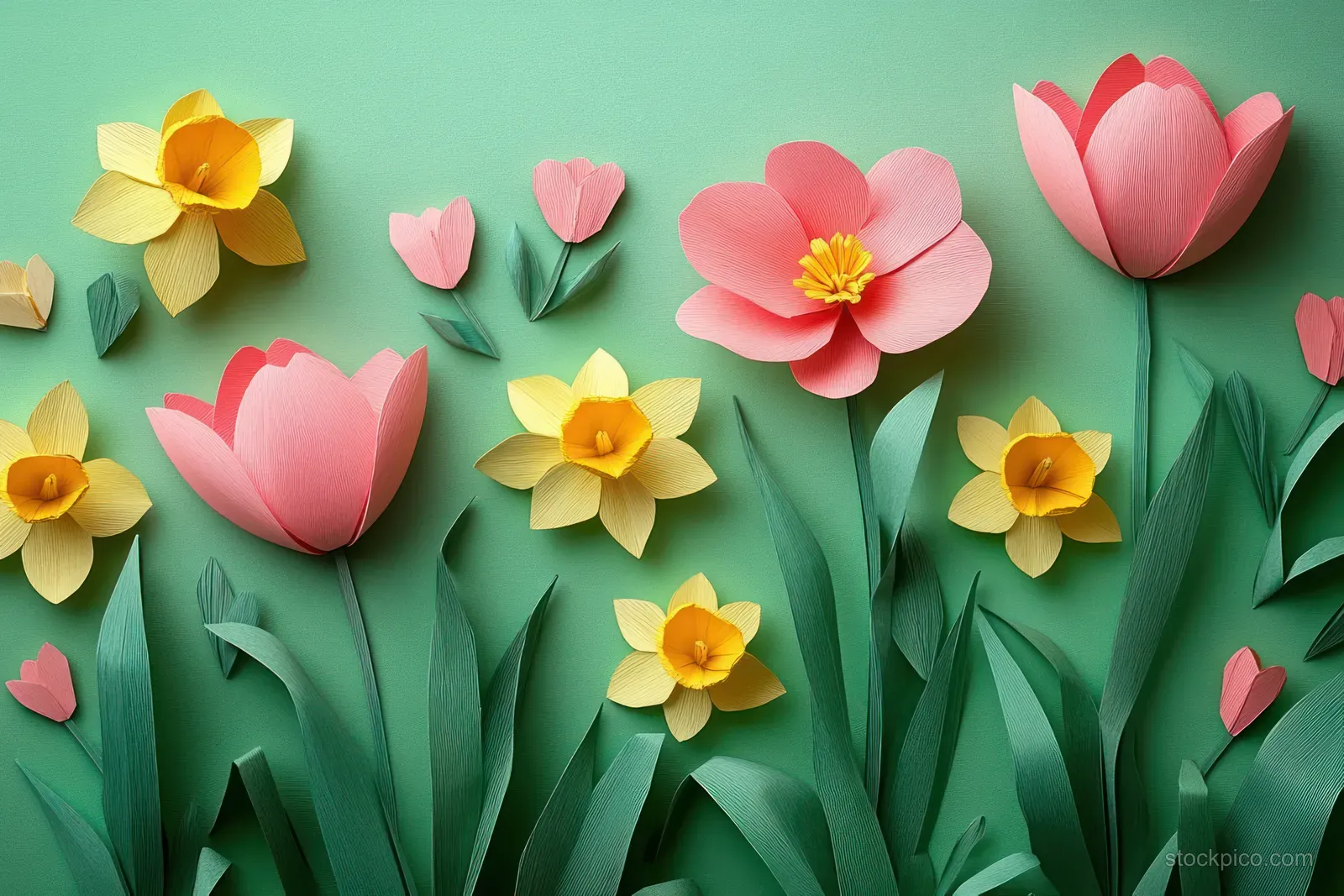 Paper tulips and daffodil-like blossoms with layered petals arranged on a pastel green background.