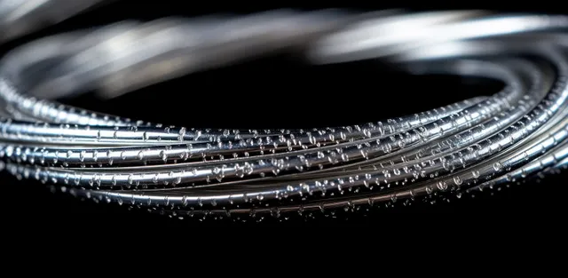 Close-up of electric guitar strings with coiled metal texture on black background