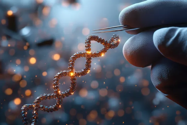 Gloved fingers use tweezers to manipulate a glowing DNA double helix against a blurred laboratory background.