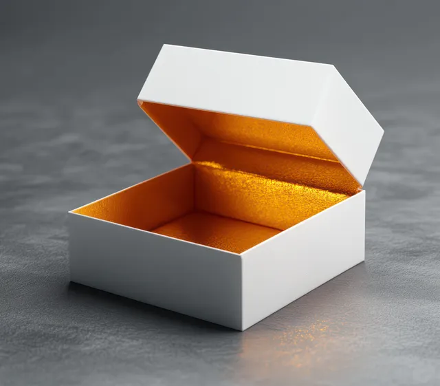 Open white gift box on a gray surface with a golden insert and soft shadows.