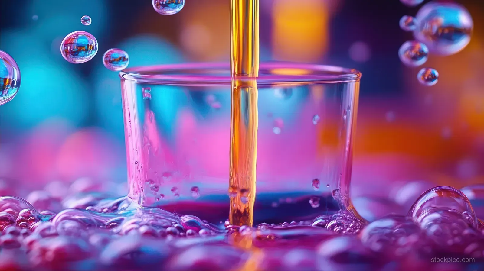 Vibrant colored liquid pours into a clear glass with sparkling bubbles and colorful reflections in soft glow.