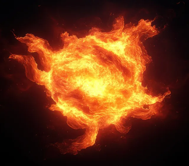 Swirling orange and yellow flames explode in a bright fireball against a dark background with faint smoke.