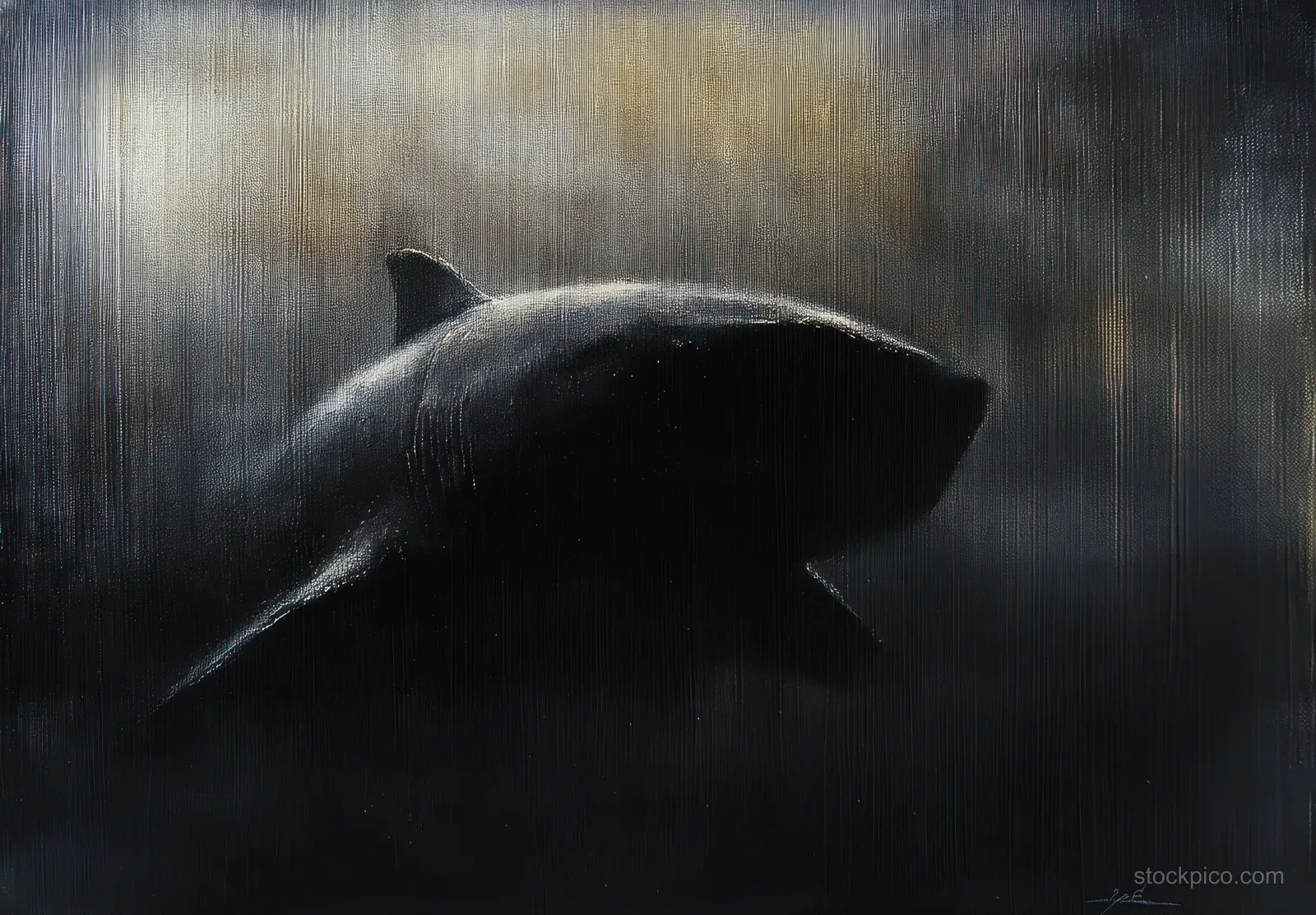 A large shark swims through murky underwater water, shown as a dark silhouette with faint light outlining its body.