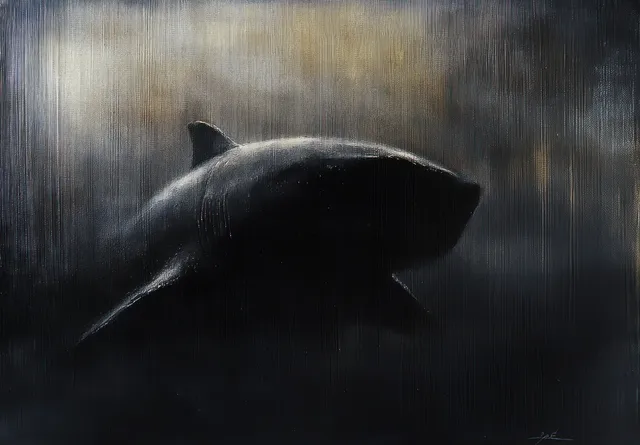 A large shark swims through murky underwater water, shown as a dark silhouette with faint light outlining its body.