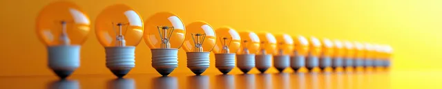 A row of yellow light bulbs with one brighter bulb glowing in a minimal studio setup.