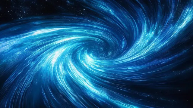 Vivid blue cosmic vortex spirals through deep space with bright flowing light streams