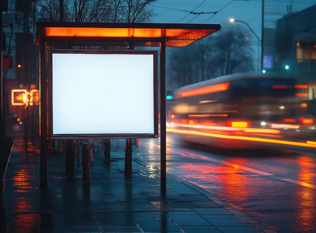 Empty illuminated billboard on a wet sidewalk at night with blurred traffic light trails behind it.
