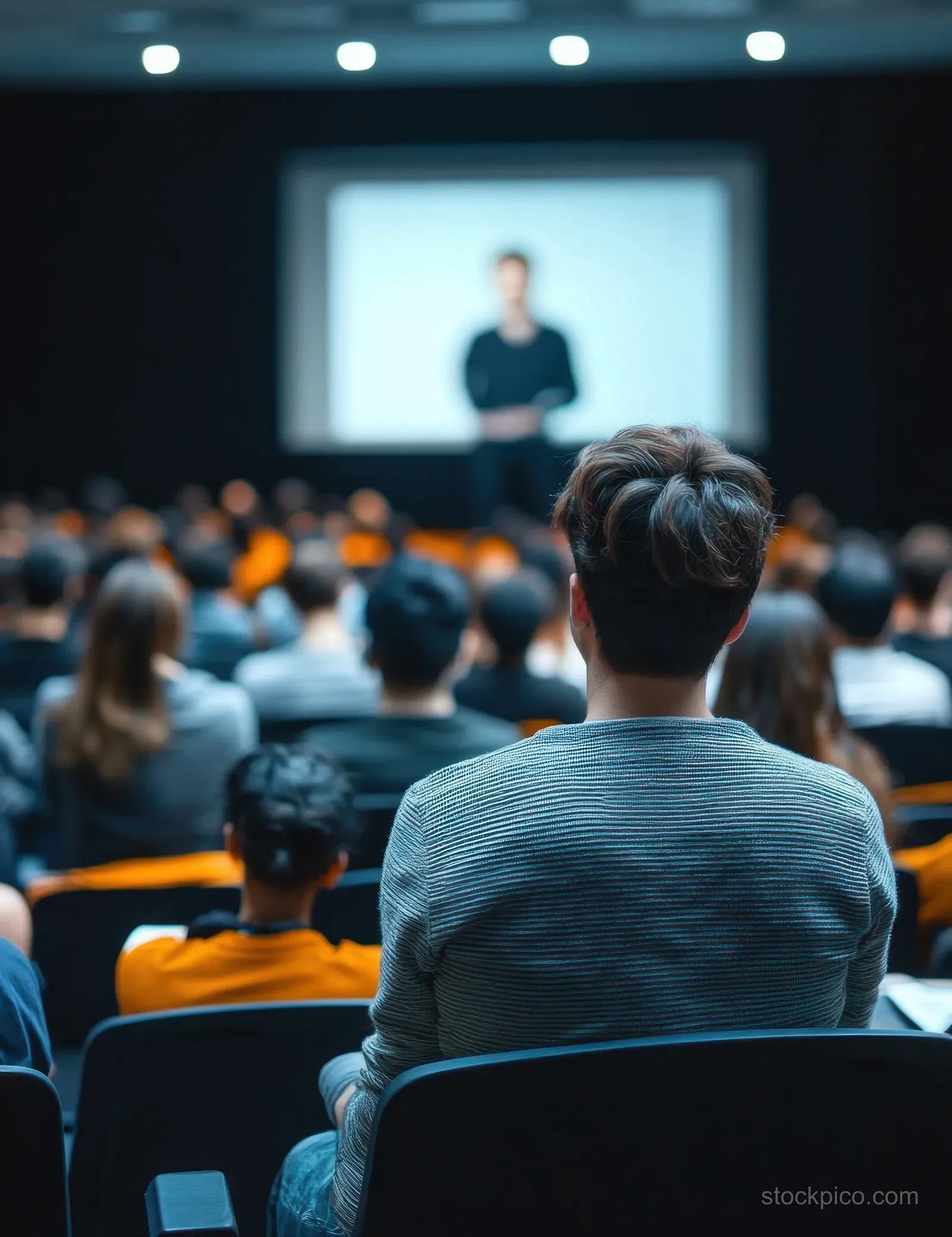 A business speaker presents to a seated audience in a conference hall with a glowing projection screen.