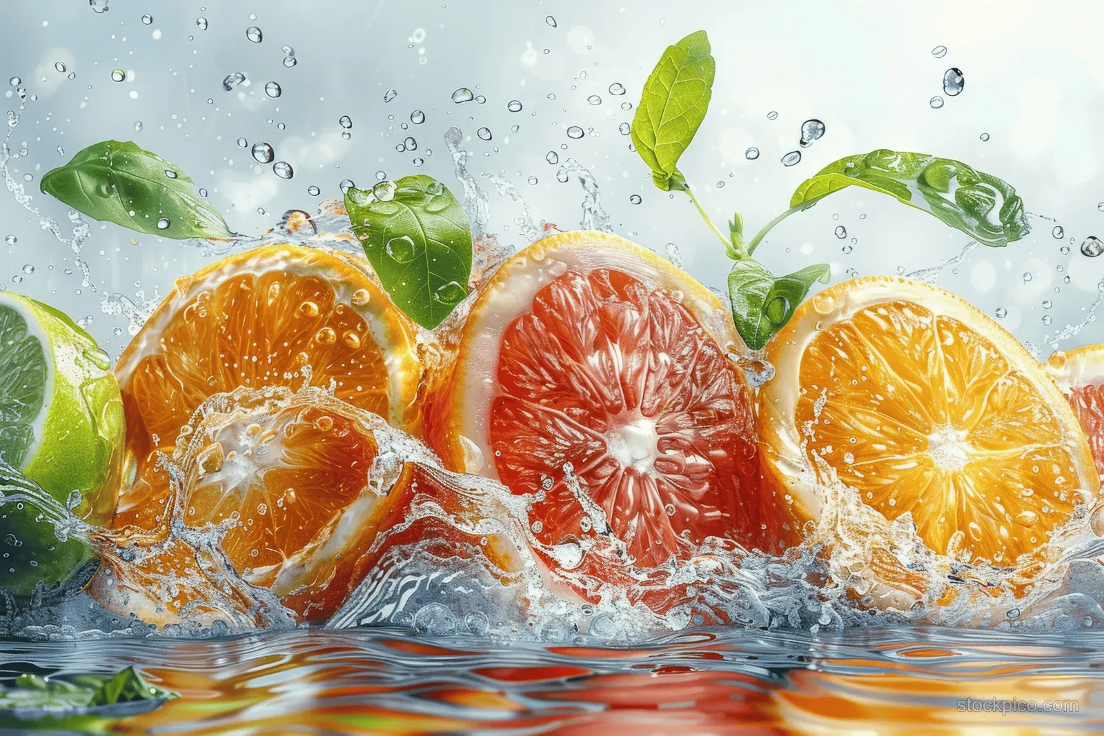 Sliced kiwi and citrus fruits rising in a clear water splash with green leaves against a pastel backdrop.