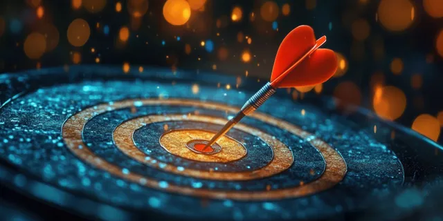 A dart strikes the bullseye on a glowing target board, with blurred lights creating a focused strategy atmosphere.
