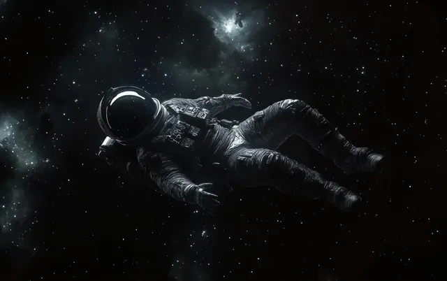 Astronaut floating in deep space with glowing helmet, surrounded by stars and faint nebula clouds.