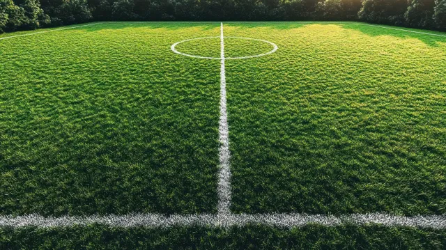 A sunlit soccer field with the center circle and white center line bordered by trees in the distance.
