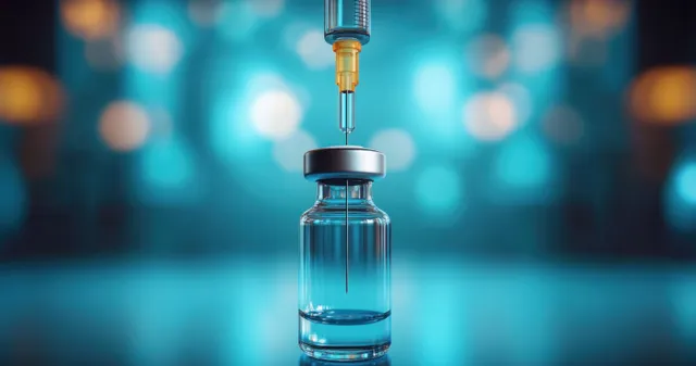 Syringe needle above a clear glass vial with a softly blurred blue laboratory background.