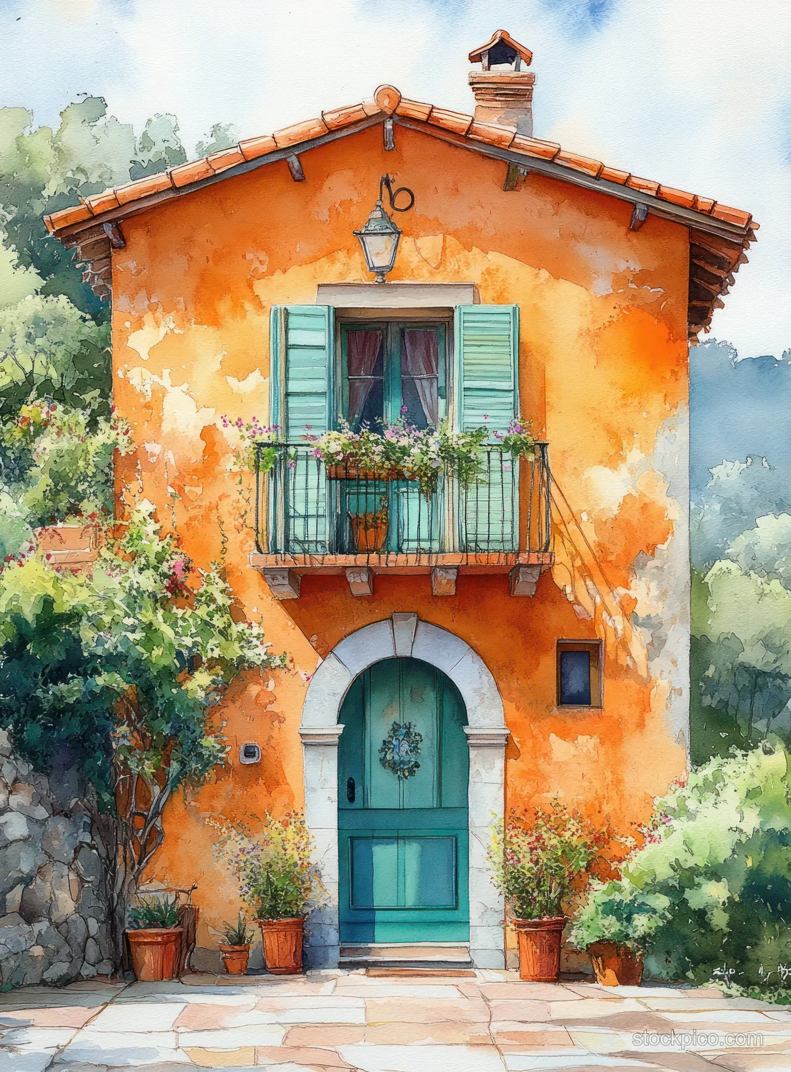 Watercolor illustration of an orange Mediterranean house facade with a teal door, windows, and lush green plants.