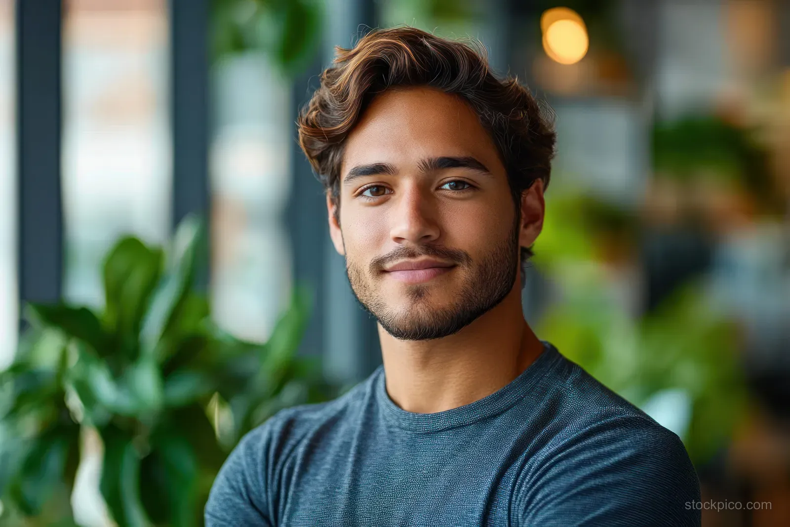 A young Indian businessman smiles in a modern office surrounded by green potted plants.