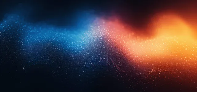Blue orange red gradient glow dissolves into a dark black background with visible grain and noise texture.