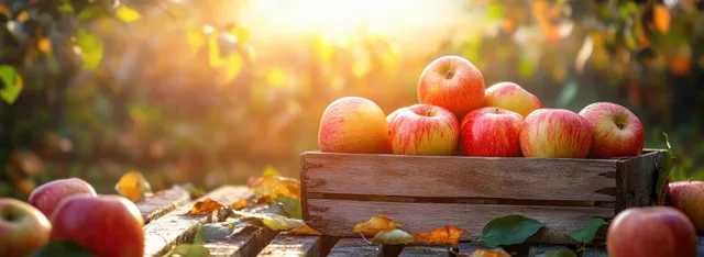 Fresh apples stacked in rustic wooden crates under autumn sunlight