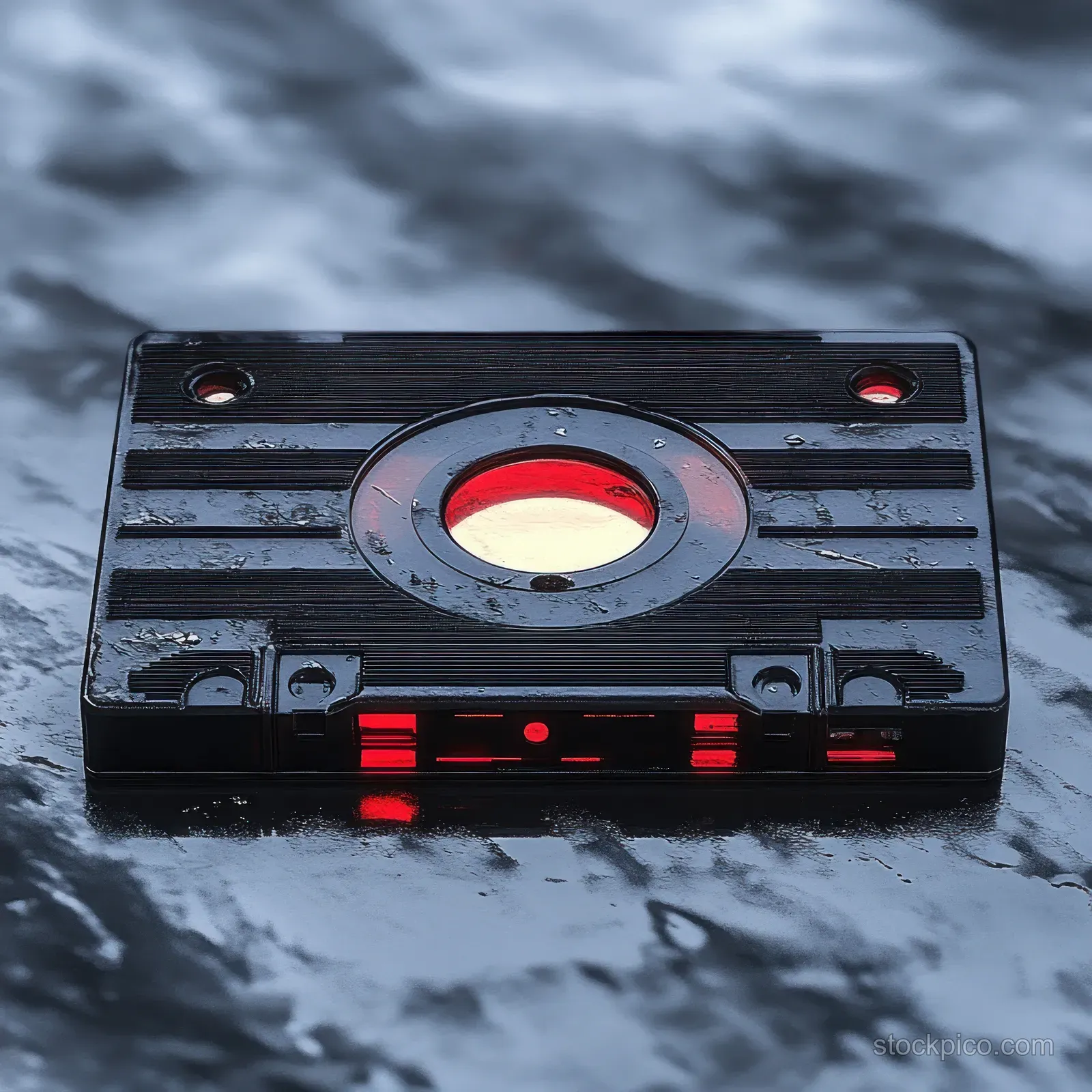 Weathered black cassette tape with red reel window and visible scratches lying on a reflective dark surface.