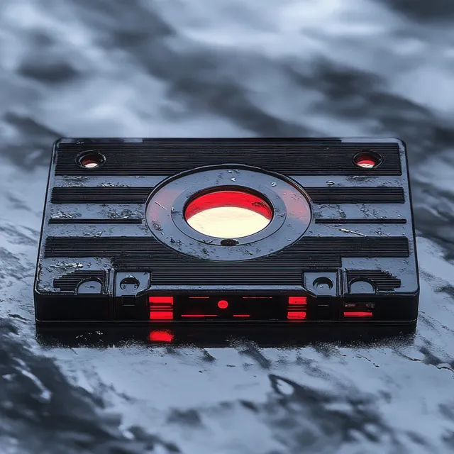 Weathered black cassette tape with red reel window and visible scratches lying on a reflective dark surface.