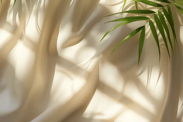 Beige linen cloth in flat lay with palm leaf shadows and sunlight across white surface