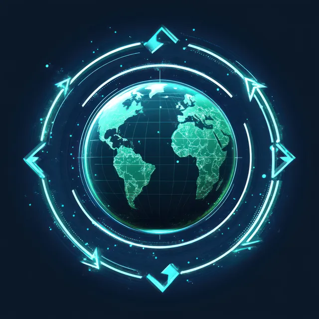 Glowing digital globe with neon blue arrows rotating around continents on dark space backdrop
