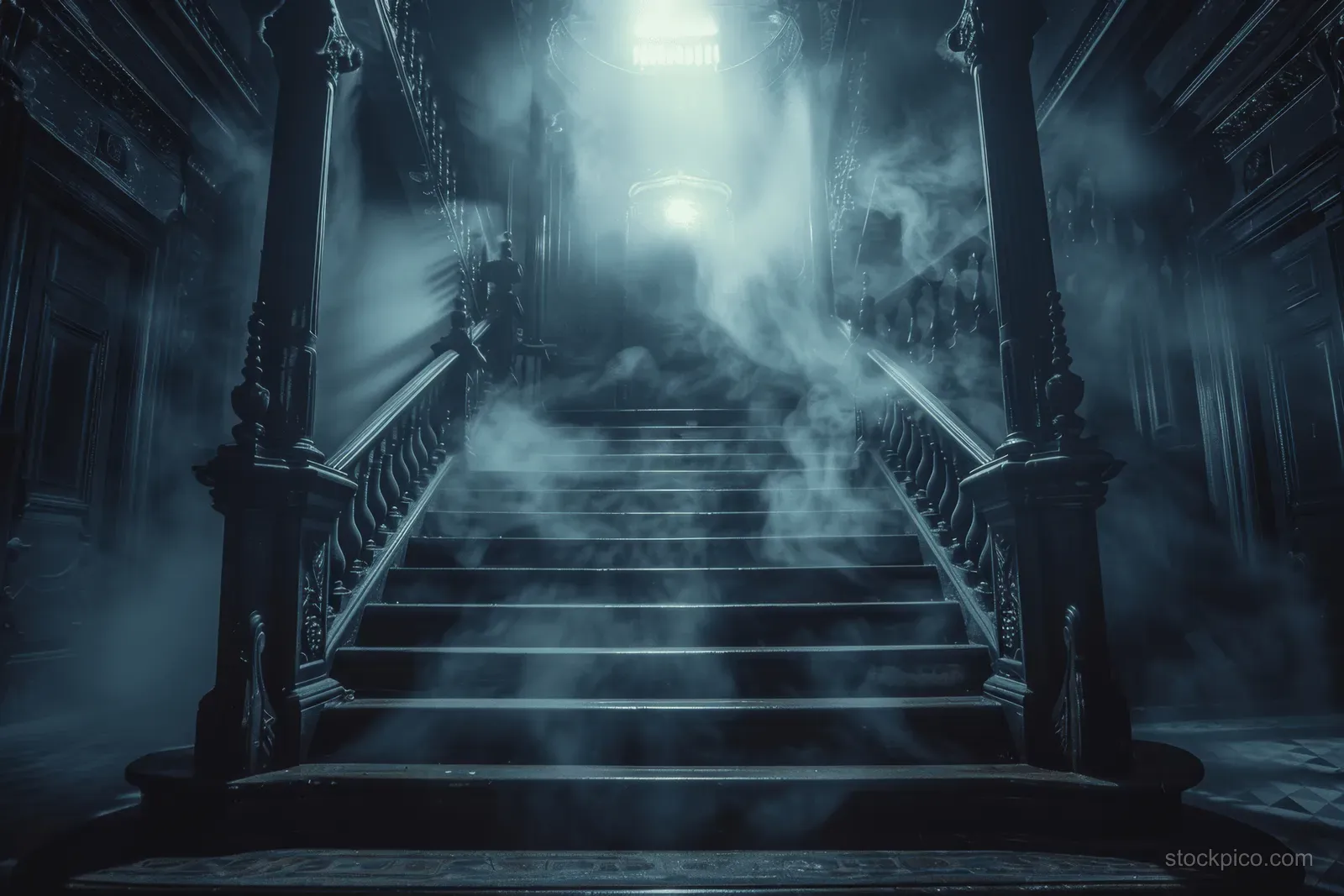 Fog drifts over a dark mansion staircase as ghostly silhouettes glow in the shadows.